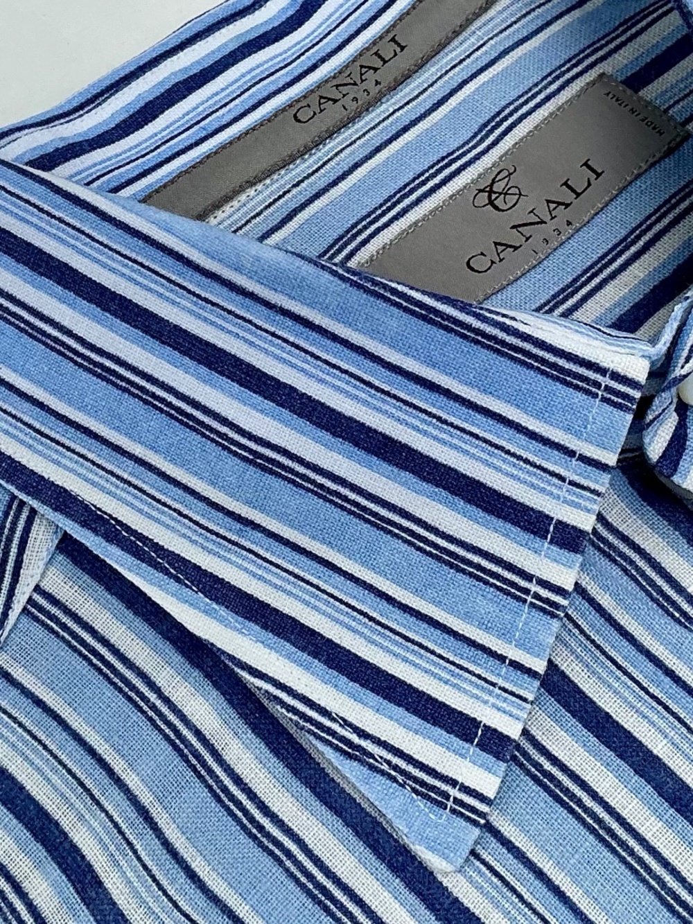Canali shades of blue striped 100% linen dress shirt made in Italy 🇮🇹Sz L